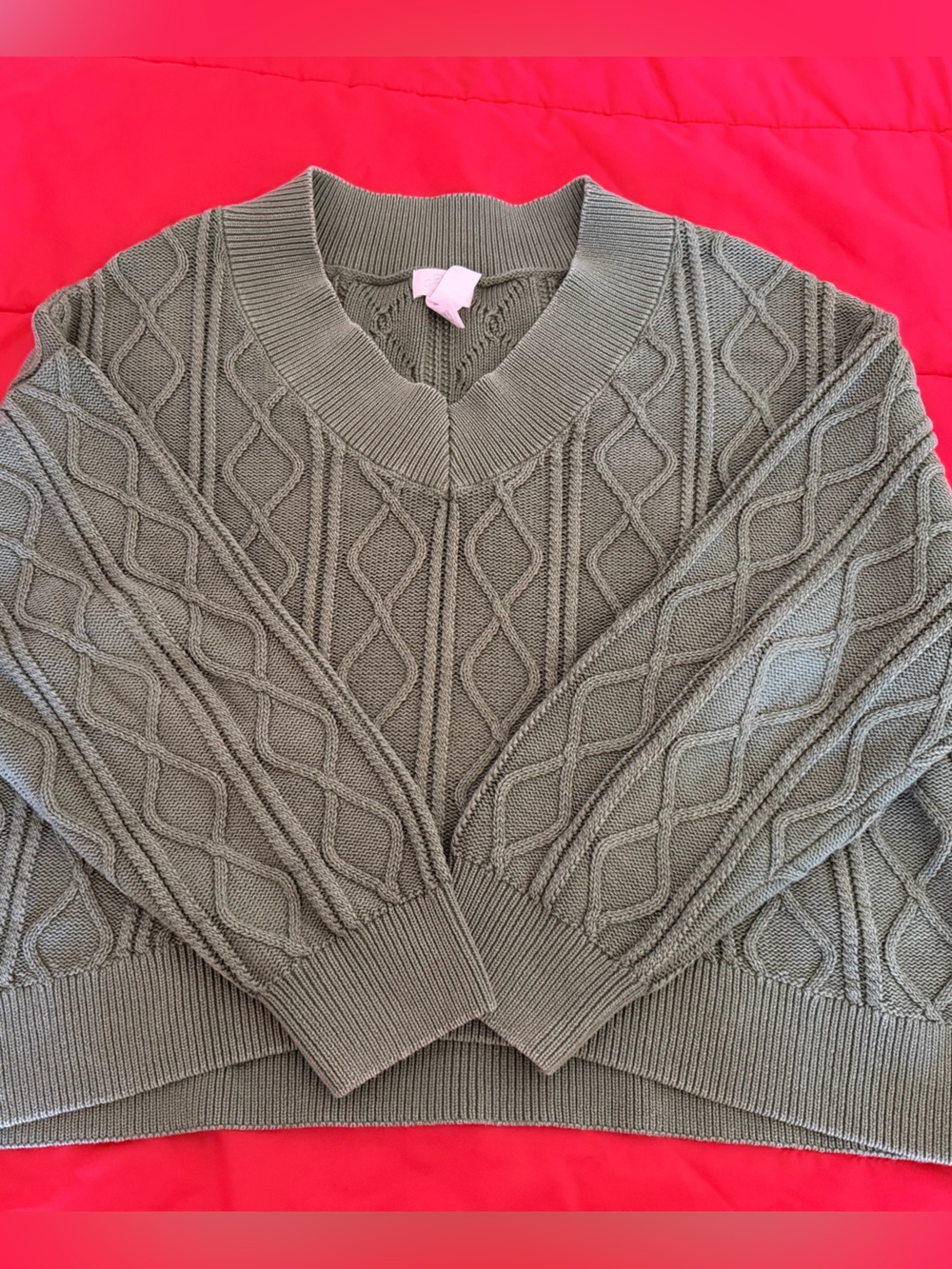 PINK Victoria's Secret Olive Green Cable-Knit Crewneck Sweater